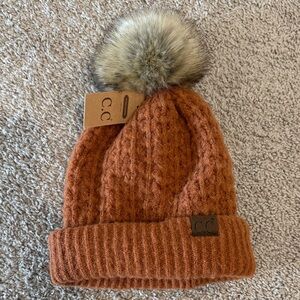 C.C Cinnamon Knit Beanie with Faux Fur Pom